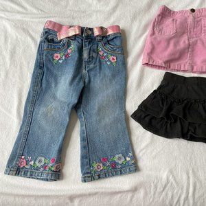 Three items together. Toddler girls 18M flowered jeans, black skorts, pink skirt